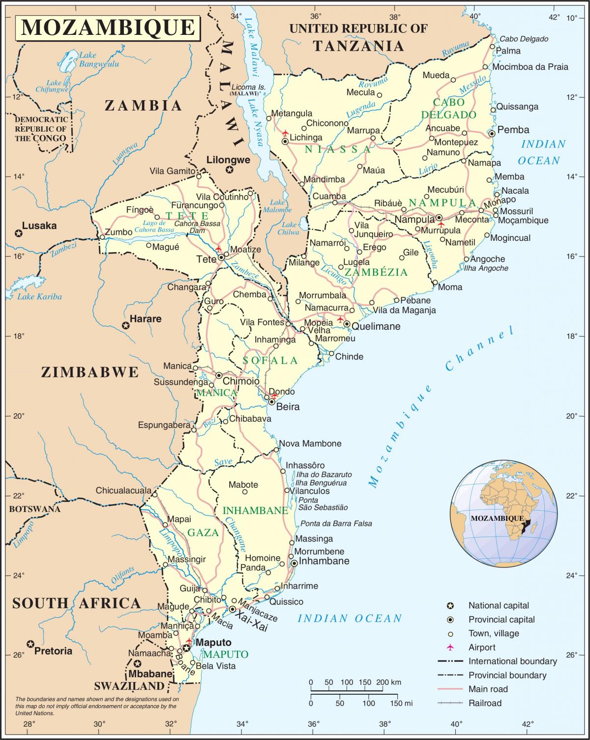 sân bay trong Mozambique trên bản đồ